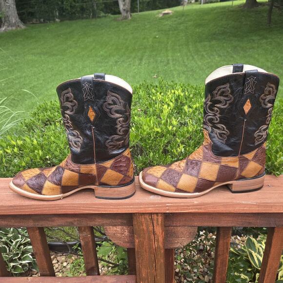 J.B. Dillon Patchwork Ostrich Cowboy Boots 13D Western Artisan Rodeo Statement main image 7